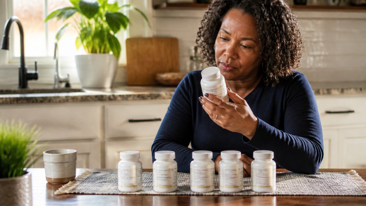 A person in their forties sitting at a kitchen table with several supplement bottles lined up, reading a label closely in natural morning light