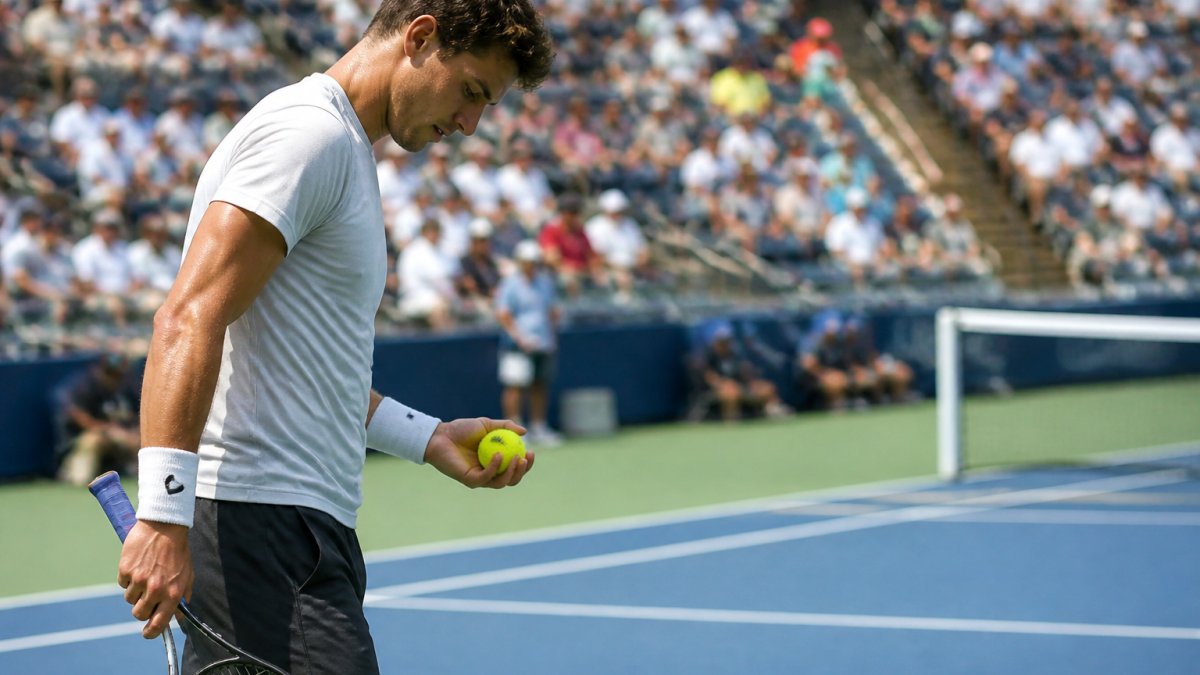 Competitive tennis player on court during a match, showing focused posture and controlled breathing while preparing to serve after completing a between-point reset routine