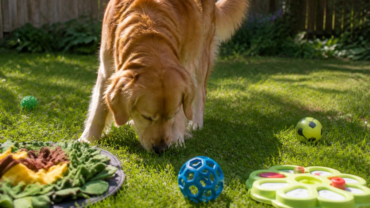 Dog actively sniffing through grass during a foraging game with toys and treats scattered nearby in natural daylight, engaged and focused