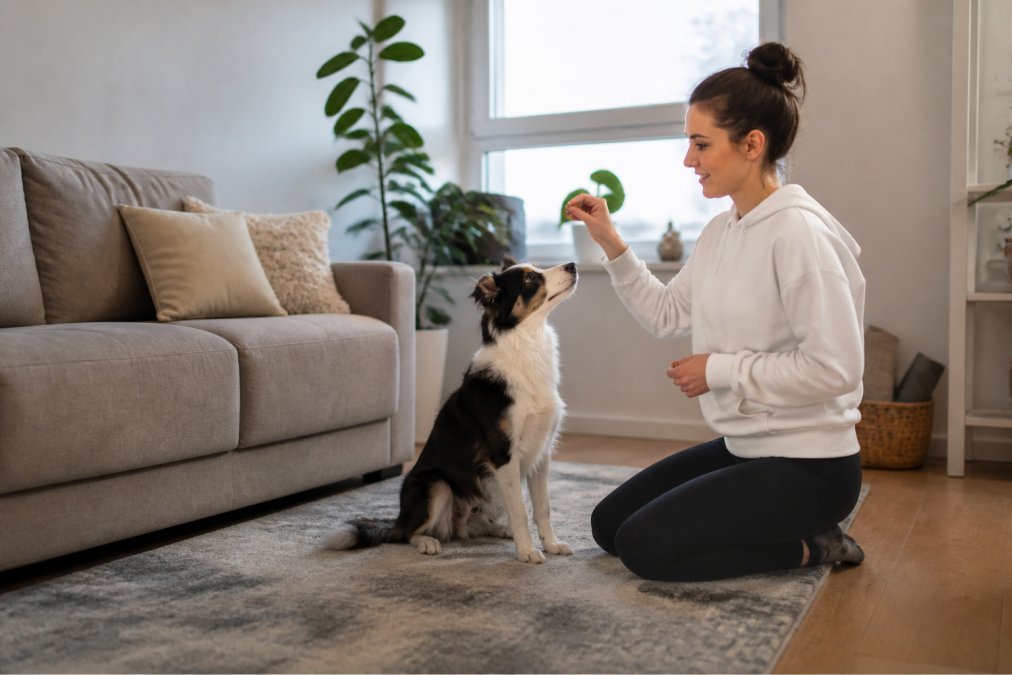 Dog owner training high-energy dog indoors using positive reinforcement, with dog focused on handler's hand and treats, natural home lighting
