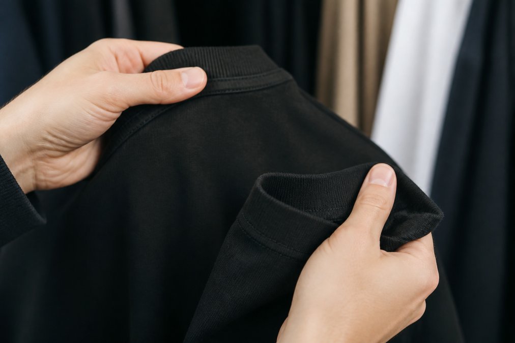 Close-up of hands holding the collar and hem of a heavyweight black t-shirt, showing the thick fabric thickness and ribbed neckline stitching