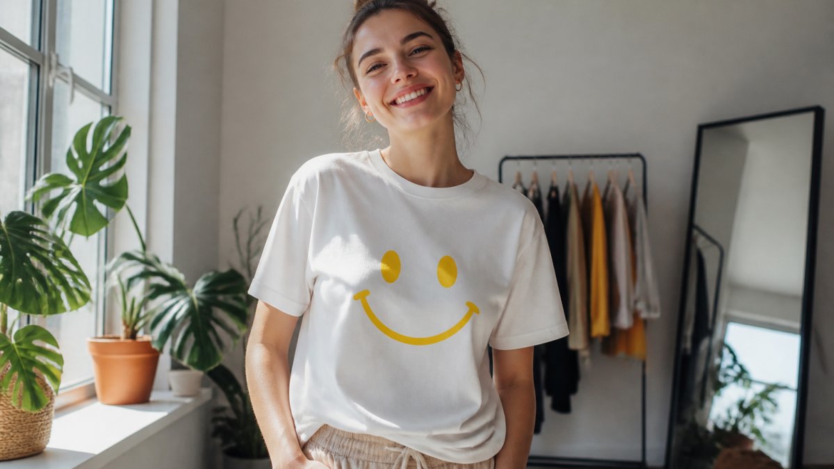 A young adult wearing a bright, smile-themed graphic tee, standing in a sunlit room, looking relaxed and confident. The shirt features a subtle smile design. The scene feels warm, welcoming, and authentic, not staged.