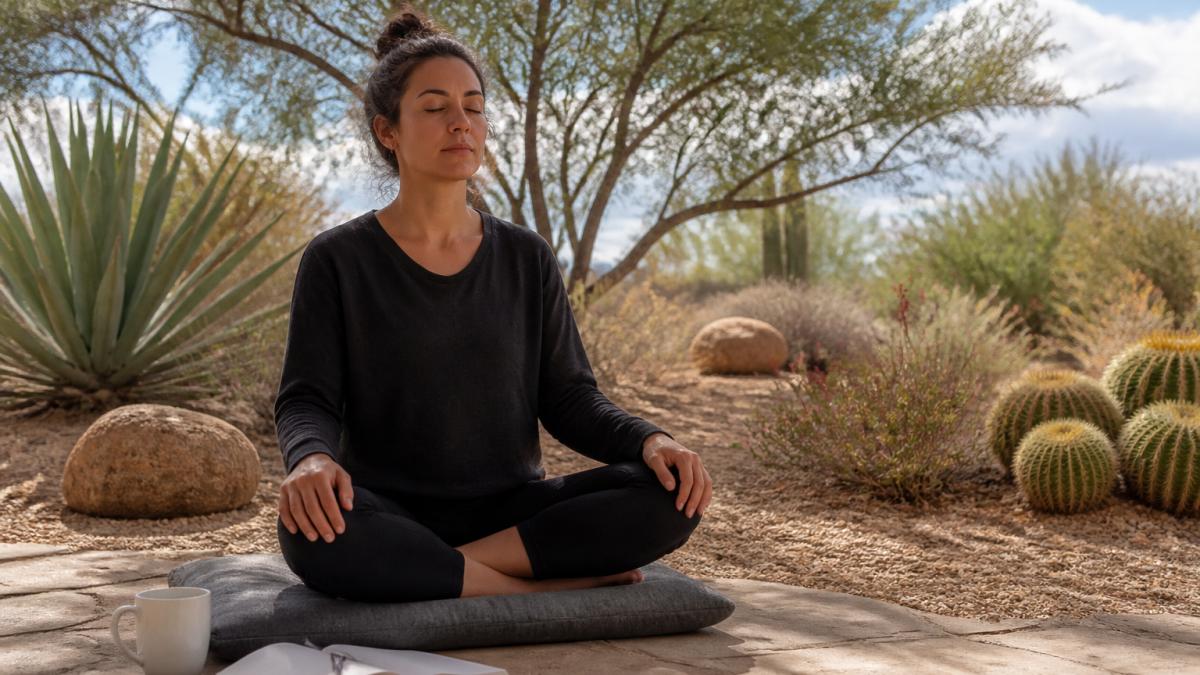 A person sitting cross-legged on a meditation cushion in a sunlit desert garden, eyes closed, with a journal and a cup of tea nearby, mesquite trees and open sky behind them