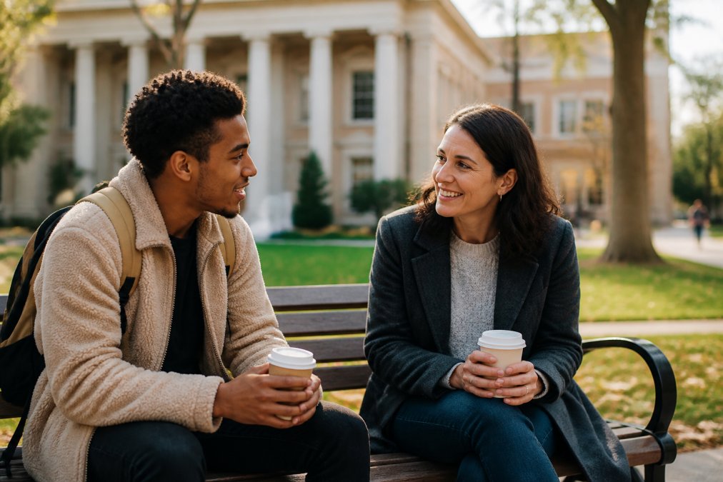 A college student sitting on a campus bench talking with a counselor, both holding coffee cups, with a campus building in the background