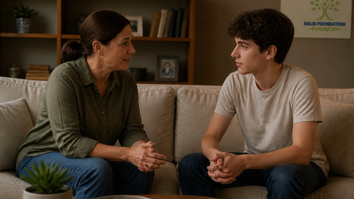 Parent and teenager sitting together on a comfortable couch in a warm, well-lit living room, having a calm conversation with open body language and relaxed posture