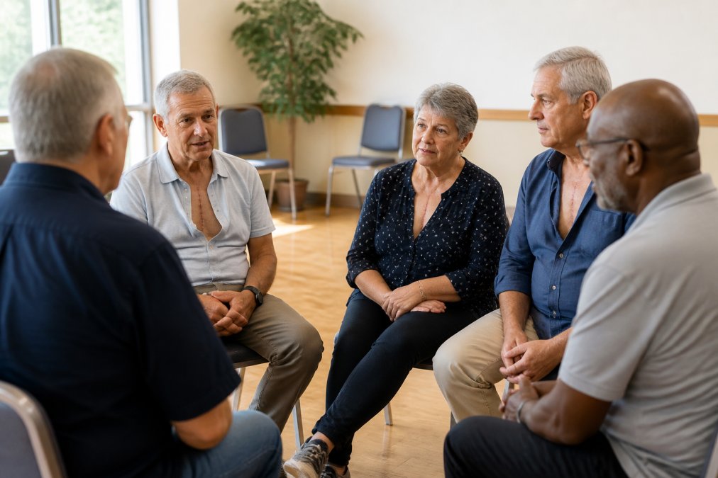Cardiac survivors sitting in a supportive circle and talking in a bright community room after heart surgery.