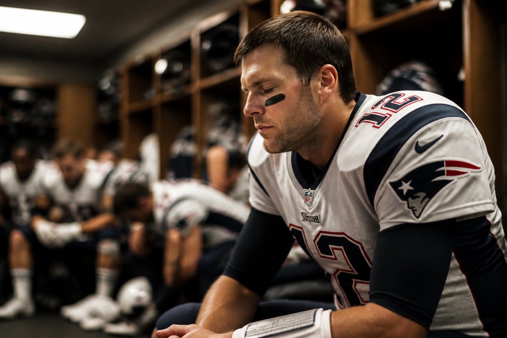 Professional quarterback in full uniform sitting quietly in locker room with eyes closed in deep concentration, teammates visible but blurred in background, natural stadium lighting creating focused atmosphere