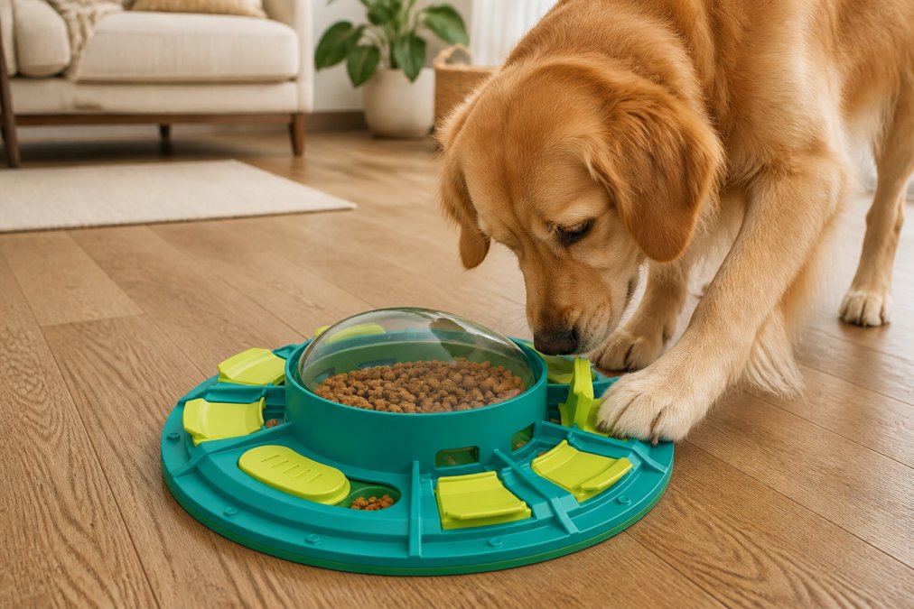 Golden retriever intensely focused on solving an interactive puzzle feeder toy with colorful compartments, treats visible inside, natural living room lighting in background
