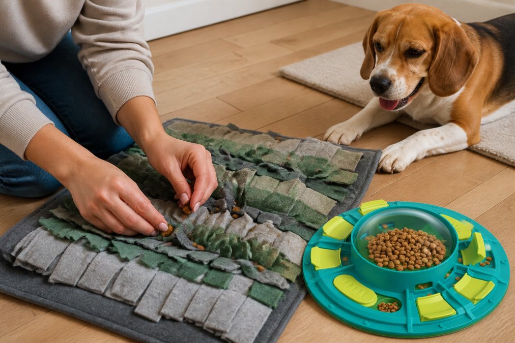 Dog owner's hands carefully arranging treats into fabric strips of a homemade snuffle mat on a wooden floor, excited dog watching nearby with focused attention
