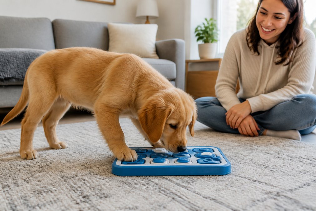 Golden Retriever puppy solving a blue puzzle toy for mental stimulation while a person watches nearby