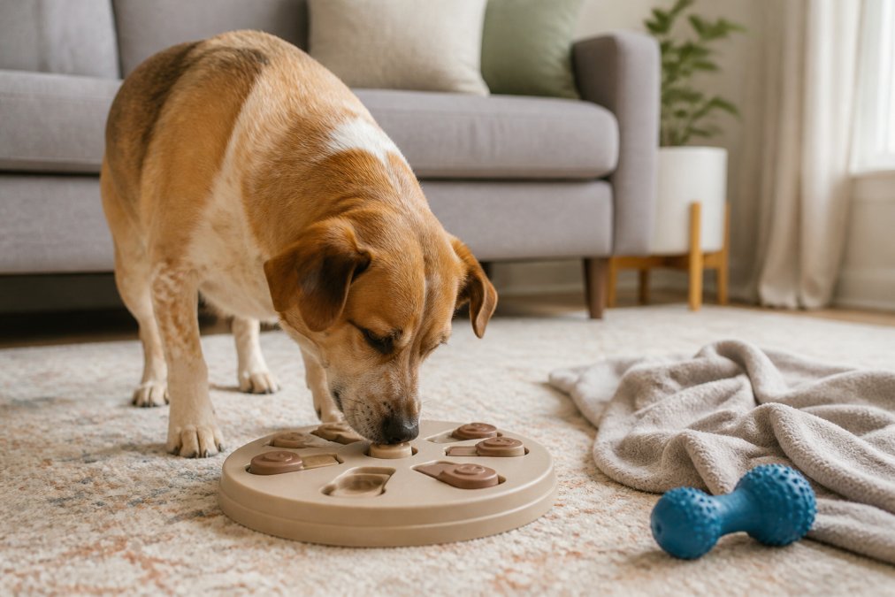 A rescue dog calmly nosing a sliding puzzle feeder on a living room rug, soft blanket and a chew toy nearby, warm natural light from a window