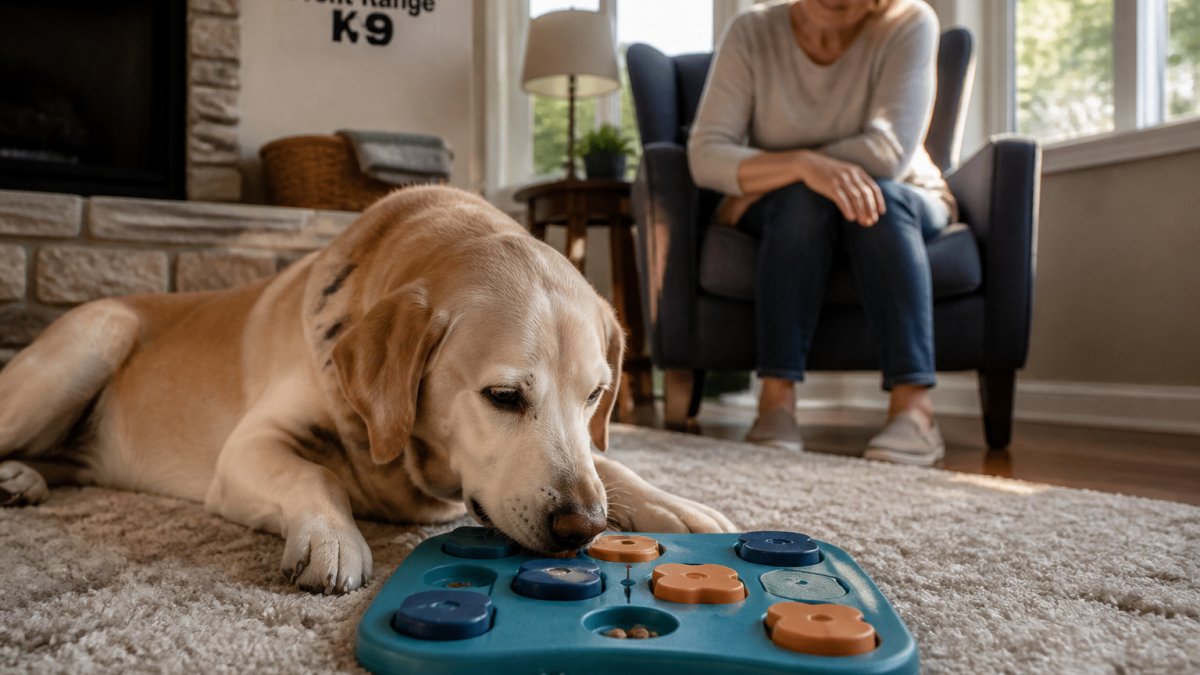 An older Labrador lying on a soft living room rug, nosing at a flat puzzle toy with treats in shallow compartments, owner watching from a nearby chair in warm afternoon light
