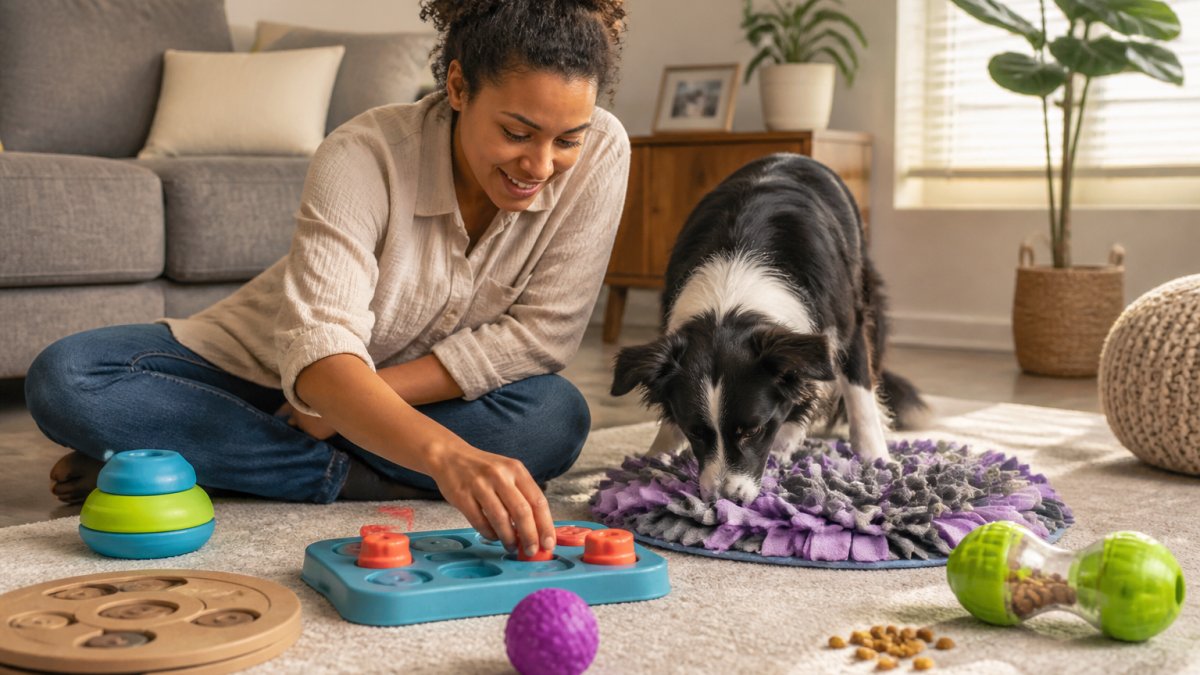 Dog owner playing with their dog on the floor surrounded by various puzzle toys and snuffle mats in a sunlit room.