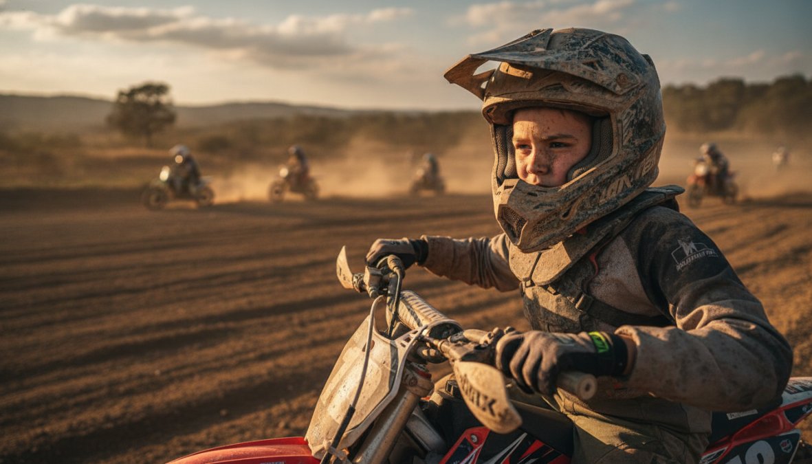 Young motocross rider in full racing gear, hands gripping handlebars with intense focused expression, dirt track blurred in background during pre-race moment