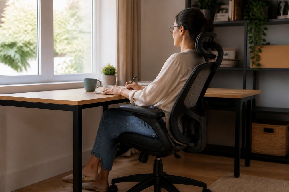 Remote worker with proper posture sitting in an ergonomic office chair at a home desk with natural window lighting, showing correct lumbar support and arm positioning