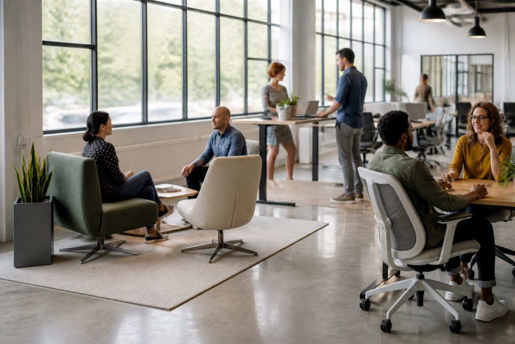 Diverse startup team in a modern open office space with varied ergonomic seating options, standing desks, and collaborative workstations, natural lighting from large windows