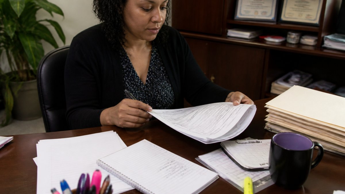 Program coordinator reviewing mentor application materials and background check documents at a desk, with papers, notes, and a checklist visible under warm office lighting