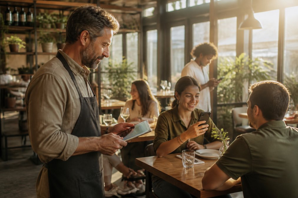 Dueño de restaurante gestiona un menú digital con IA en una tablet mientras clientes escanean códigos QR en mesas