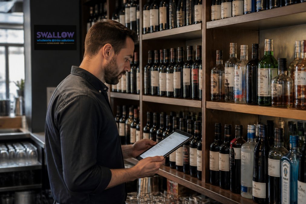 Bar owner checking stock levels on a tablet while standing in front of well-organised shelves of wine bottles and spirits, natural lighting from bar area