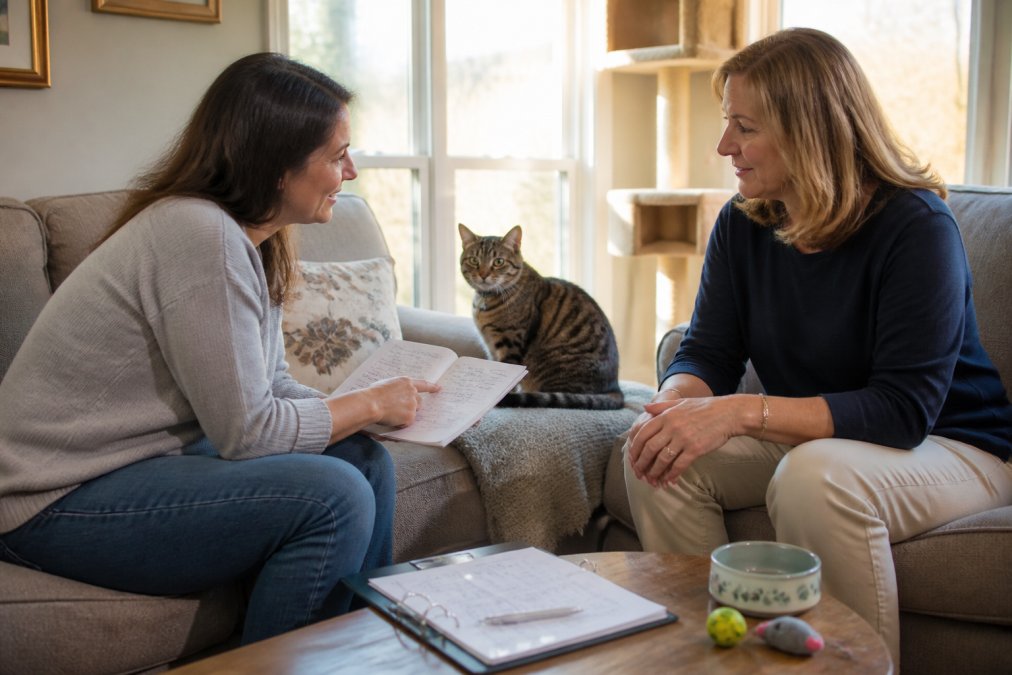 Cat owner sitting across from a professional pet sitter in a living room, reviewing care notes and discussing a tabby cat's routine, natural afternoon light streaming through windows