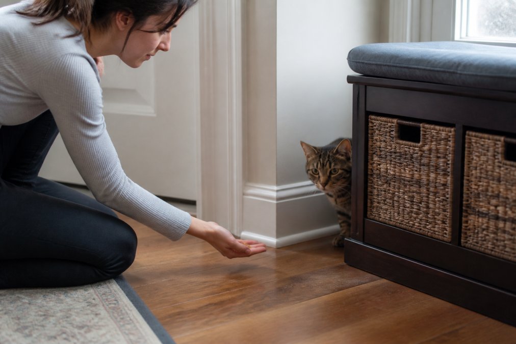A gentle, professional caregiver offering treats to a shy tabby cat peeking from behind furniture in a home living room, soft natural lighting creating a calm atmosphere