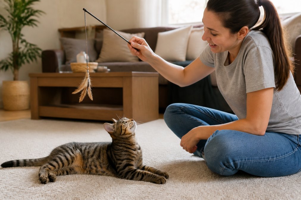A professional cat sitter gently interacting with a relaxed tabby cat in a bright, cozy living room, holding a toy