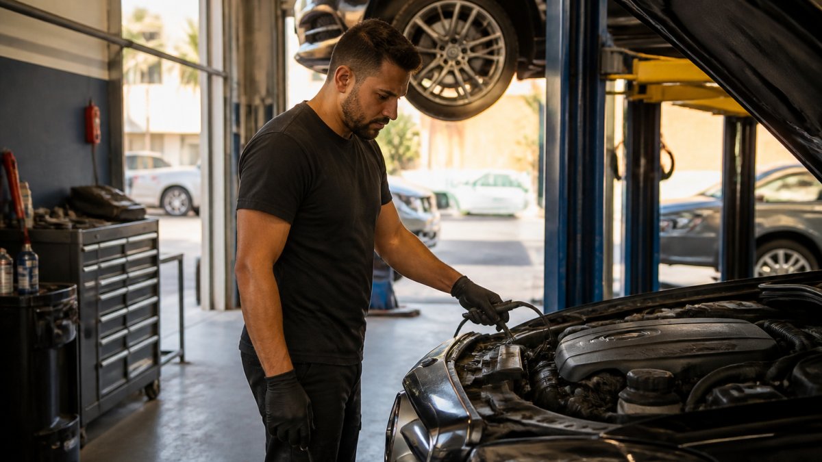 Technician using a diagnostic scan tool on a vehicle engine in an auto repair shop