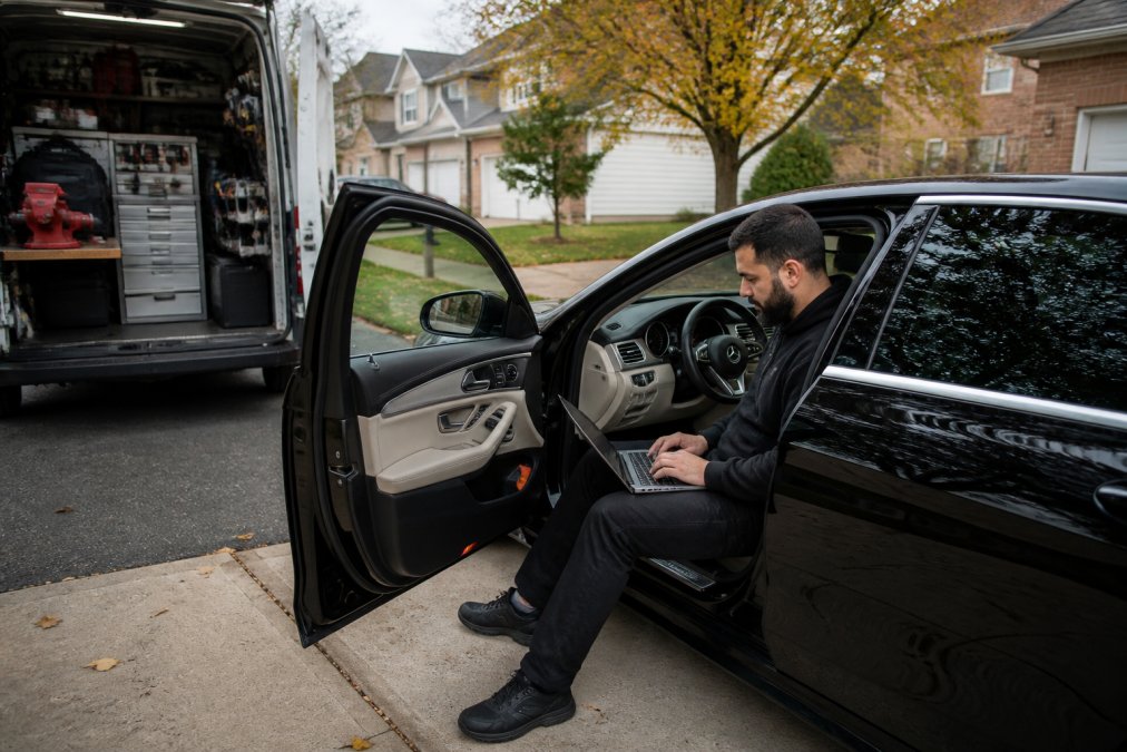 A locksmith in a service van programming a Mercedes key fob on a laptop, parked in a suburban Northern Virginia driveway with the car door open