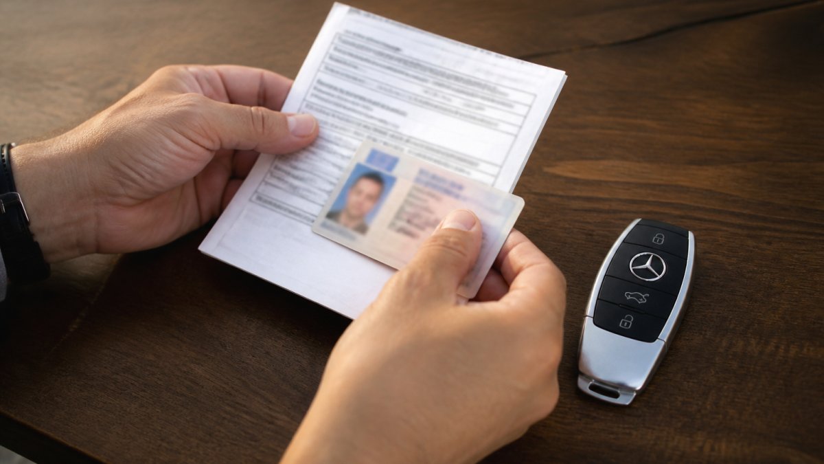 Close-up of a person's hands holding vehicle registration documents and a driver's license next to a Mercedes car key on a wooden table with natural afternoon lighting