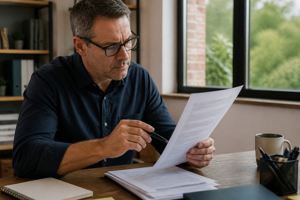 A business owner in a casual office setting holds a printed contract document, pointing at a specific line item while reviewing it with a pen in hand