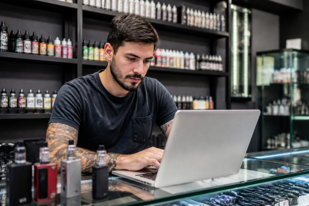 A vape shop owner sitting at a counter with a laptop, reviewing an online merchant application form, shelves of vaping products visible in the background