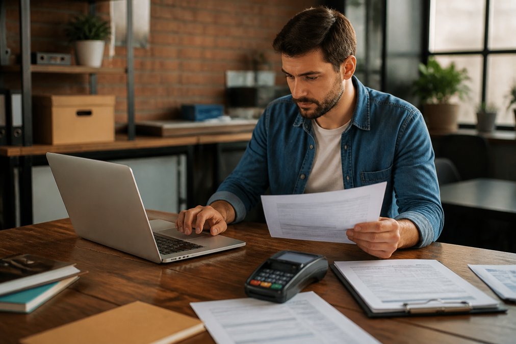 Small business owner sitting at a desk reviewing paperwork and typing on a laptop, with a card reader and business documents spread across the desk under warm office lighting