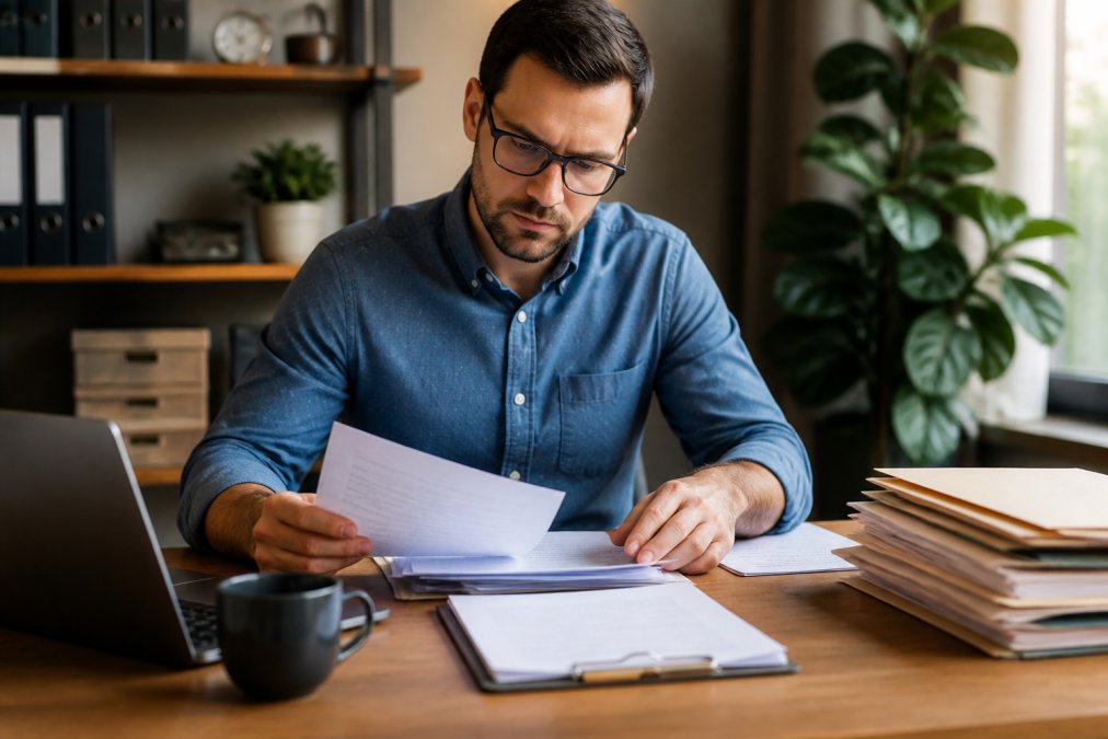 Business owner at a desk reviewing merchant account application documents, with laptop, organized file folders, and a cup of coffee under warm office lighting