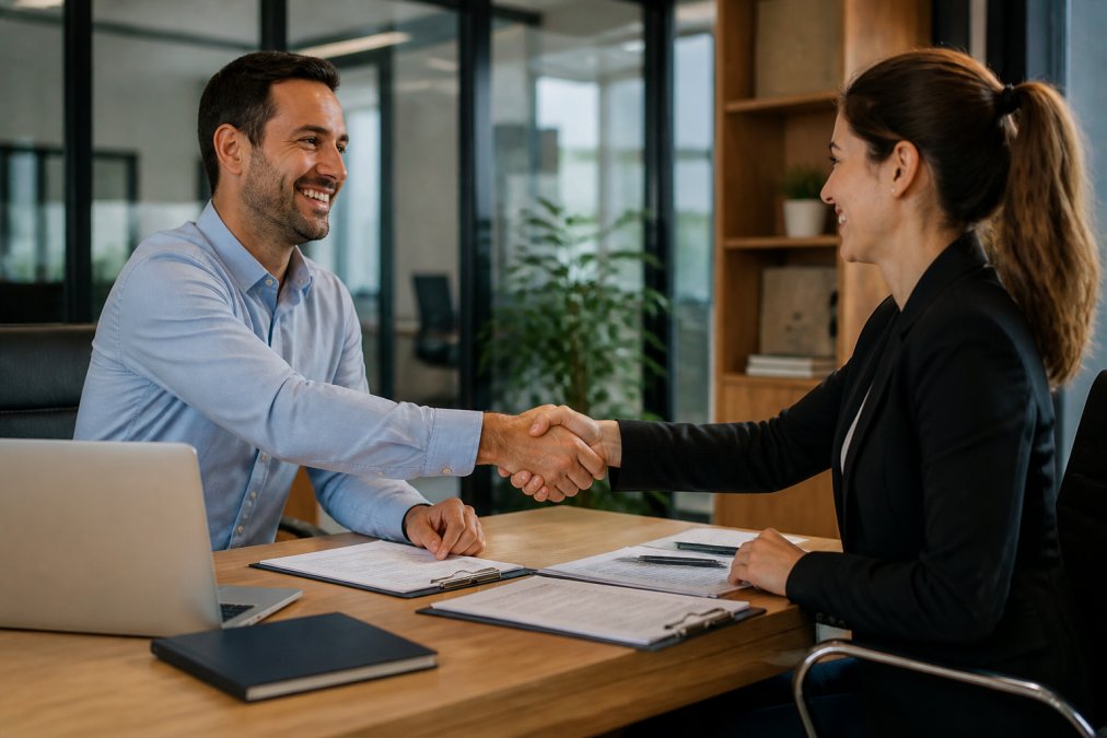 Small business owner shaking hands with a payment processor representative in a professional office setting with natural lighting, with laptops and documents visible on the desk