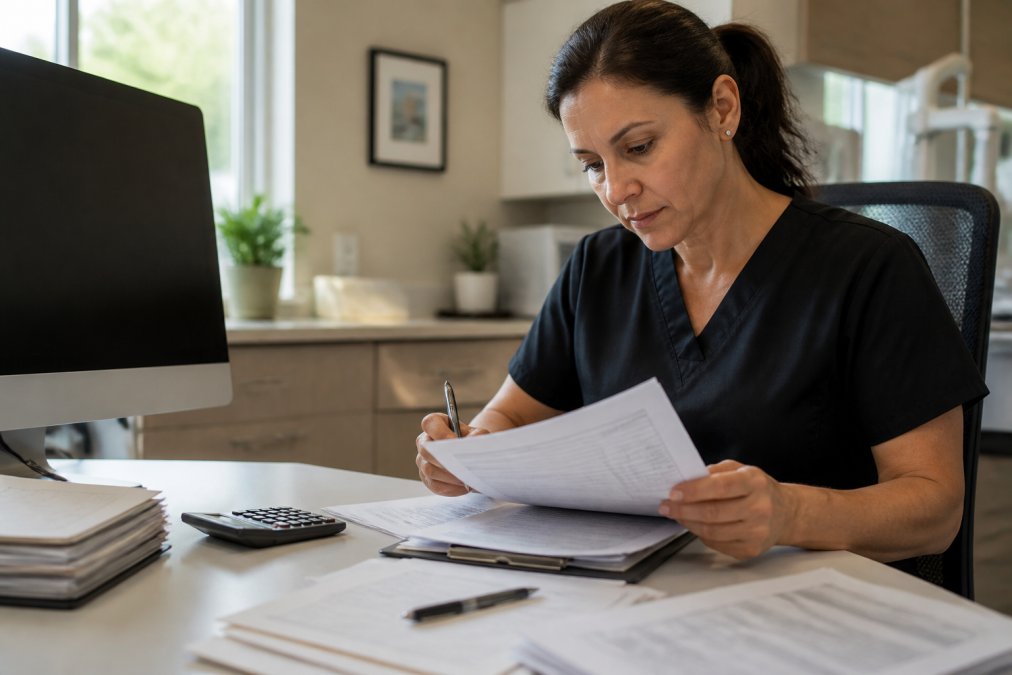 Dental practice manager reviewing payment processing fee statements and cost analysis on desktop monitor in modern office with natural lighting