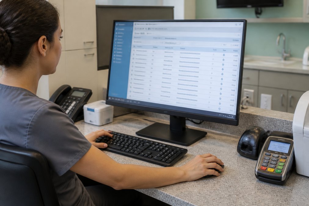 Close-up of hands using dental practice management software interface on desktop monitor displaying payment processing dashboard and patient billing records in clinical office