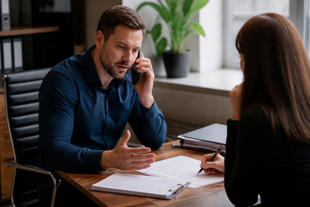 Business owner on phone with customer service representative discussing payment processing solutions at desk with computer and paperwork, natural office lighting