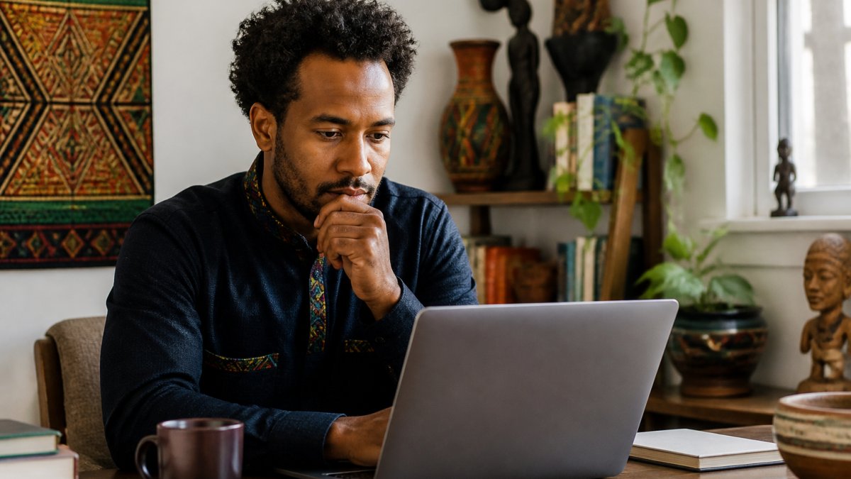Professional of Ethiopian heritage reading news on laptop in home office surrounded by cultural artifacts, engaged expression, natural window lighting