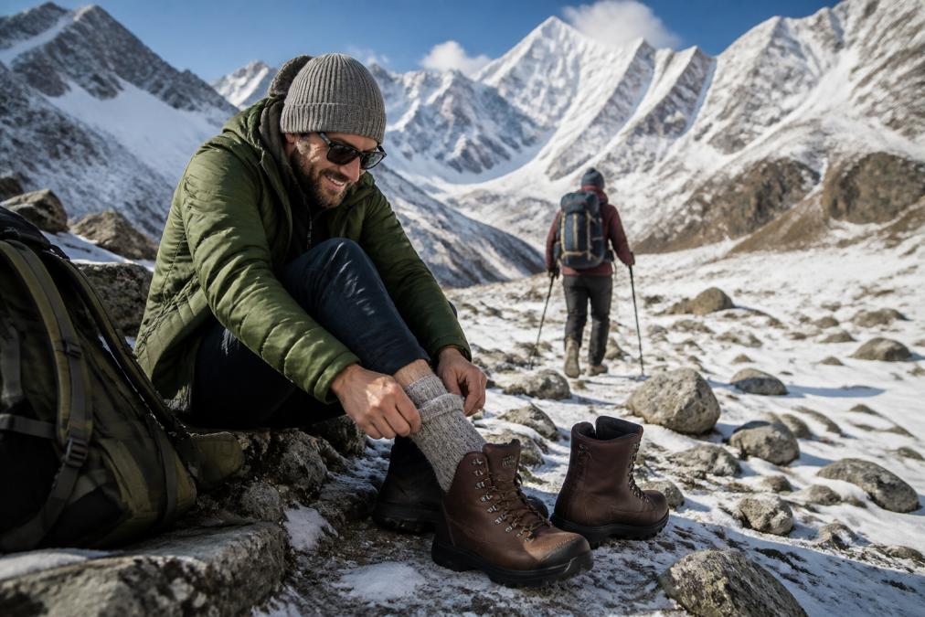 Hiker in winter gear trekking through snowy mountain terrain, wool socks visible at ankle, demonstrating outdoor durability in harsh conditions
