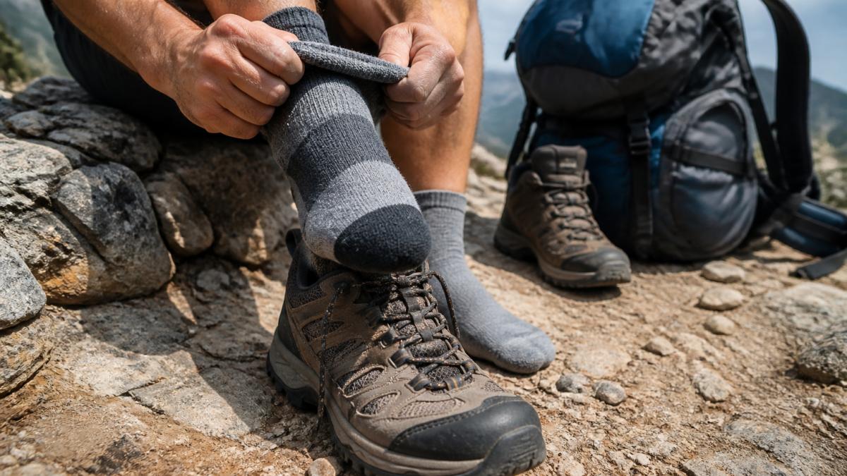Close-up of a hiker's hands rolling a fresh pair of hiking socks over a trail shoe on a rocky mountain path, dusty boots and a backpack visible in the background