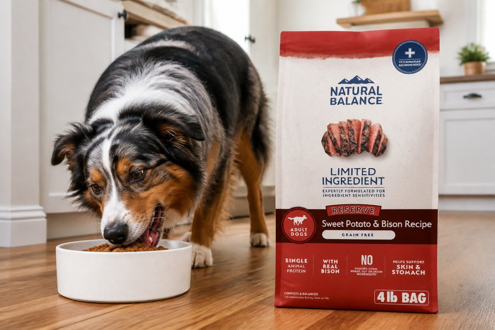 Happy dog eating premium kibble from bowl with healthy shiny coat and engaged expression in bright kitchen setting