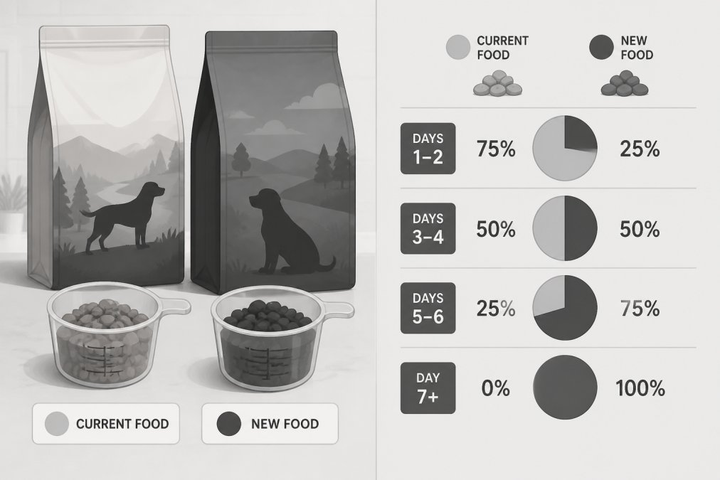 Close-up of two different premium dog food bags side by side with measuring cup showing gradual mixing process on kitchen counter