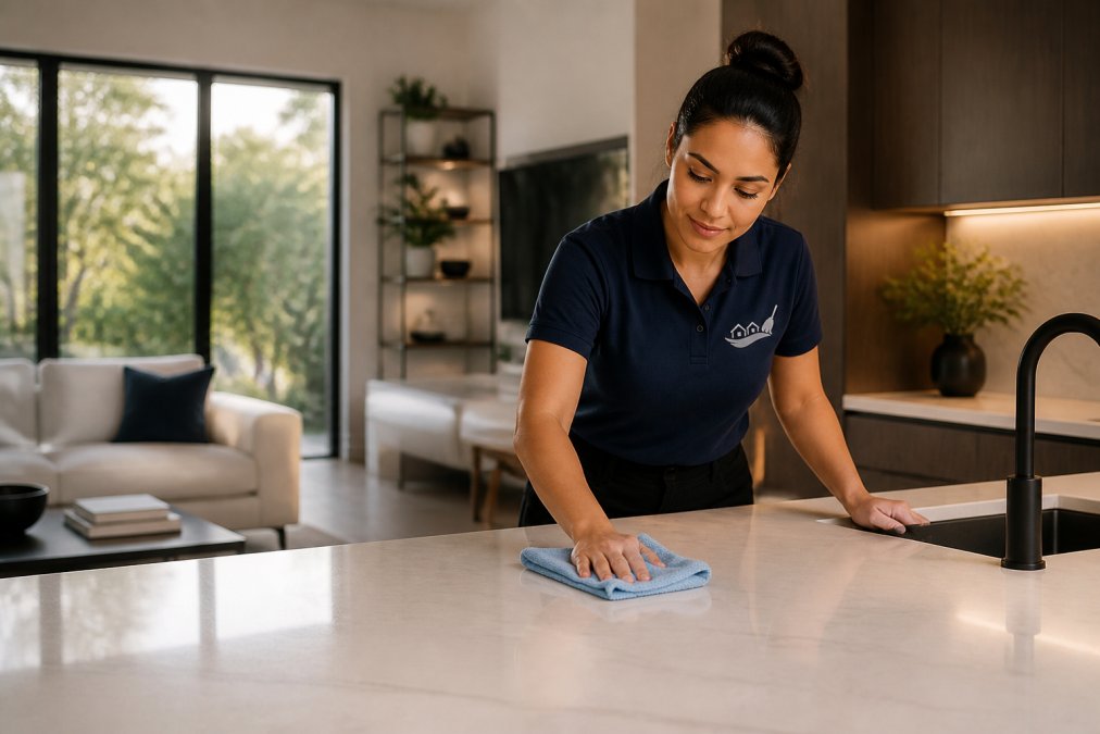 A professional cleaner in a bright modern living room wiping down a kitchen counter with a microfiber cloth, natural light coming through windows