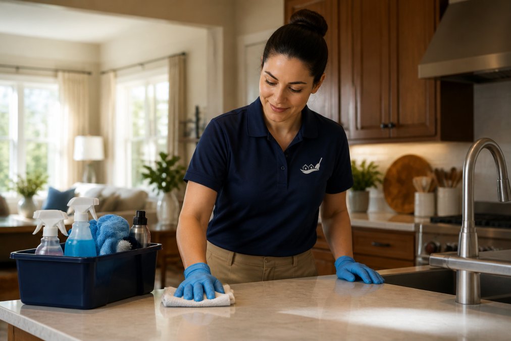 Cleaning professional in a branded uniform wiping a kitchen counter, relevant to comparing merry maids vs molly maid.