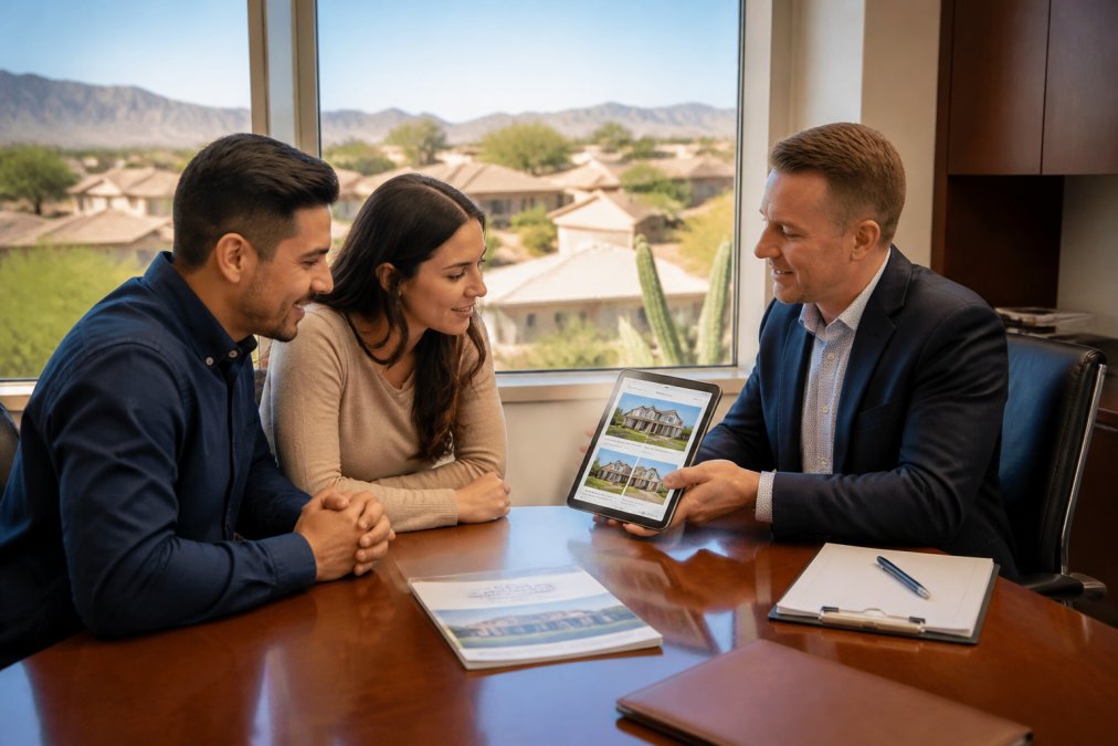 Mesa Arizona real estate agents reviewing property listings with a couple in a bright home office.