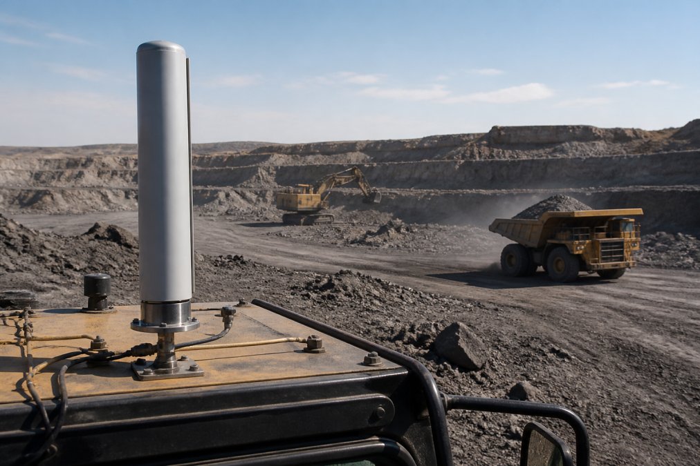 Rugged antenna on mining equipment supporting a mesh radio network at an open pit site with heavy machinery
