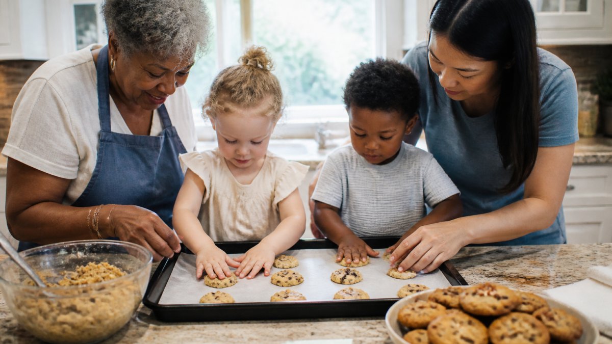 A warm home kitchen scene: a Black grandmother and a young white mother guide two toddlers, one Black and one Asian, as small hands press cookie dough onto a lined baking sheet. A bowl of chocolate chip cookie dough and a plate of freshly baked chocolate chip pecan cookies sit on the counter. Natural window light, candid expressions, lifelike skin texture, no text or logos.