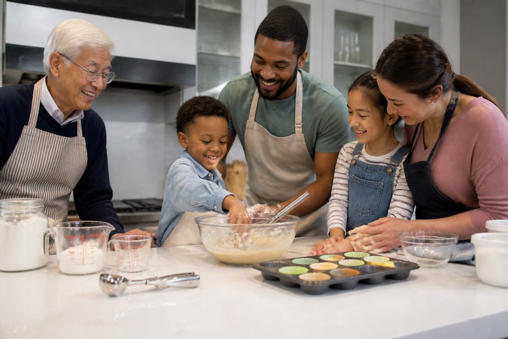A diverse group of children and adults of different ages and ethnicities gathered around a kitchen counter with measuring cups, mixing bowls, muffin tins, and a cookie scoop laid out on the surface, smiling while preparing to bake together