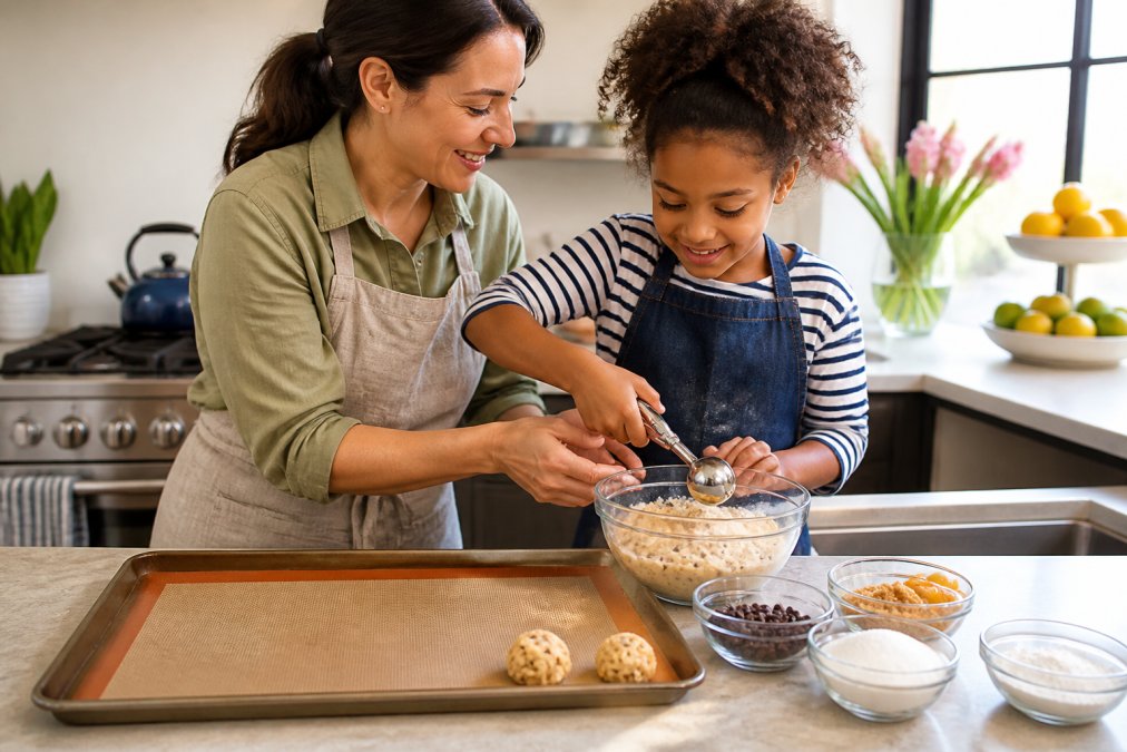A parent and child of different ethnicities working together at a prep station with pre-measured ingredients in small bowls, an apron on the child, and a baking mat protecting the counter surface