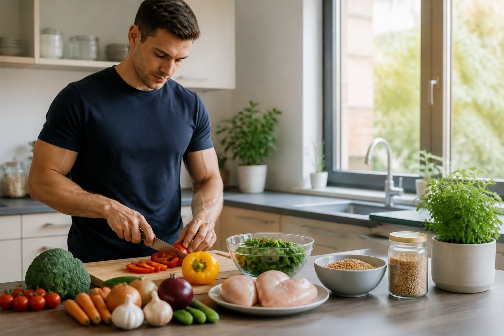 A fit adult preparing a balanced meal with lean protein, whole grains and colourful vegetables on a kitchen counter with natural daylight streaming through a window